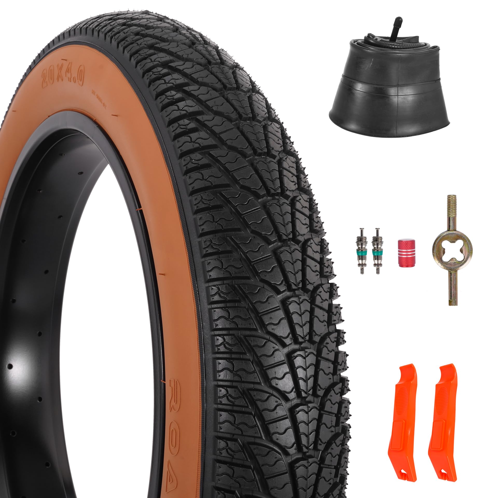RUHUO 1-Pack 20x4.0 Fat Bike Tire Tube, 20 Inch Mountain Bike Tires & Tubes, Folding Replacement Bicycle Tires with 2 Tire Levers for Off-Road Bike and Electric Bike (UK) (Black&Brown)
