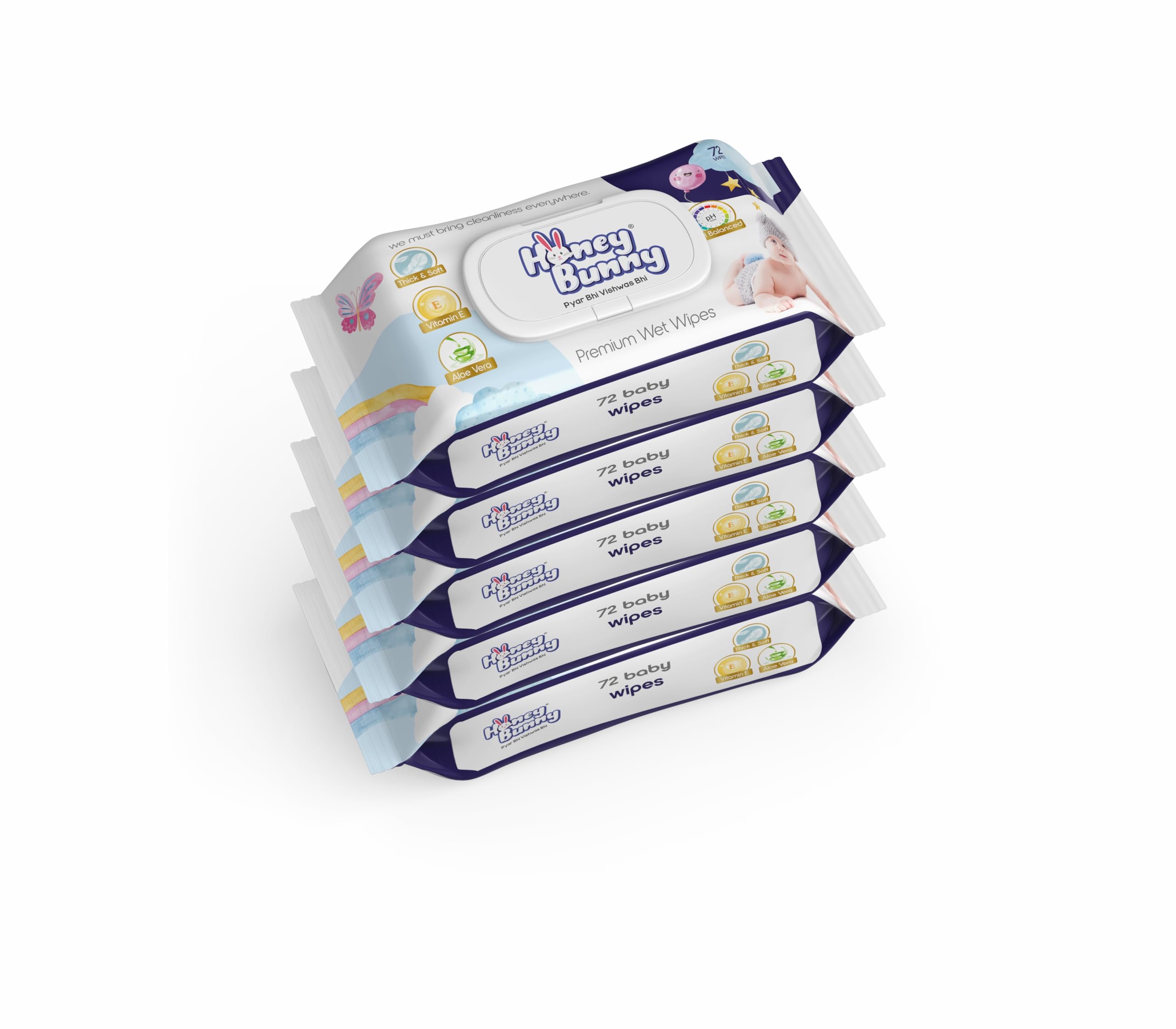 Honey Bunny Premium Wet wipes with aloe vera & Vitamin E (360 Wipes) Pack of 5