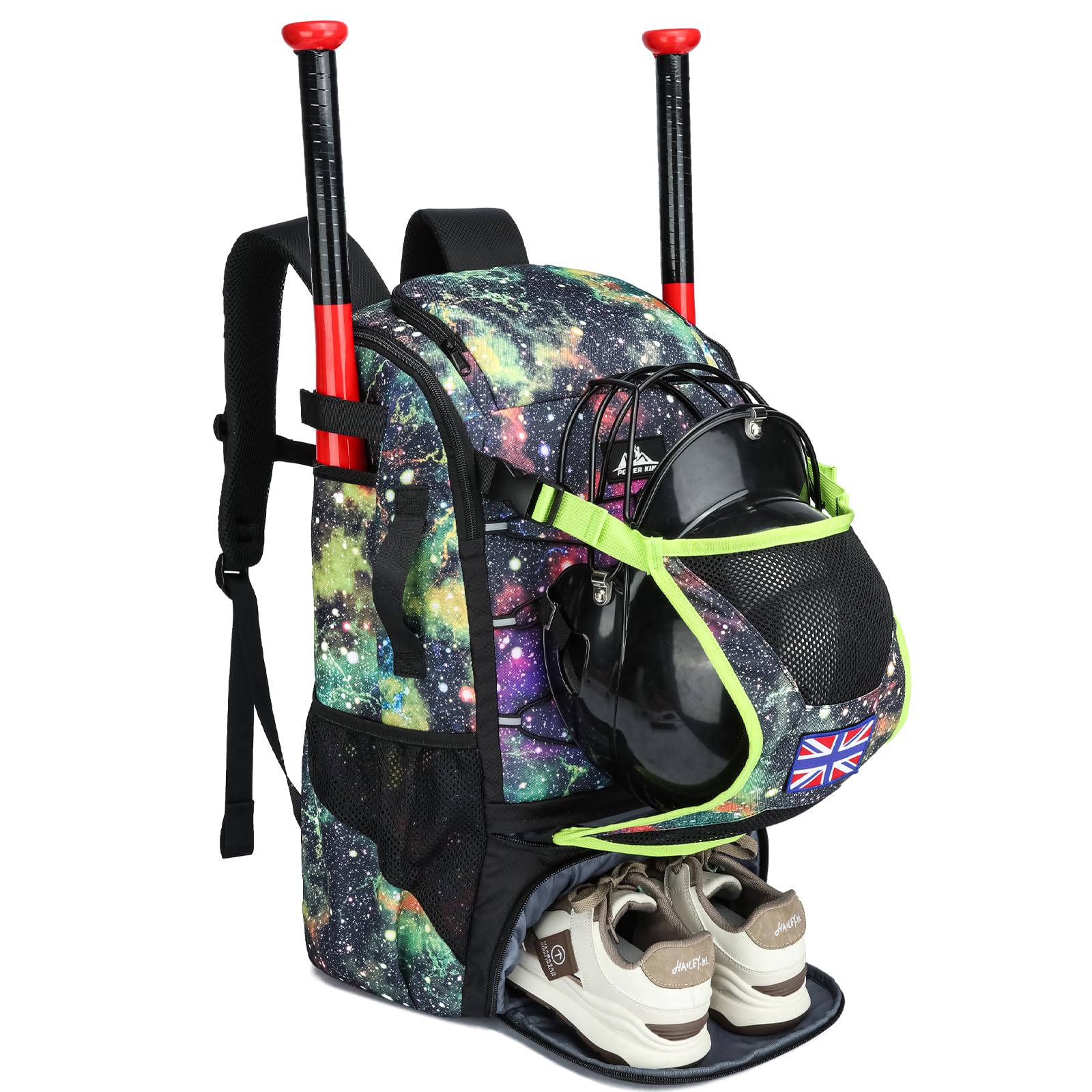 POWER KING 45L Youth Baseball Bat Bag, Large Capacity Backpack for Baseball, T-Ball & Softball Equipment & Gear with Shoe Compartment | Fence Hook | Helmet Holder (Stars)