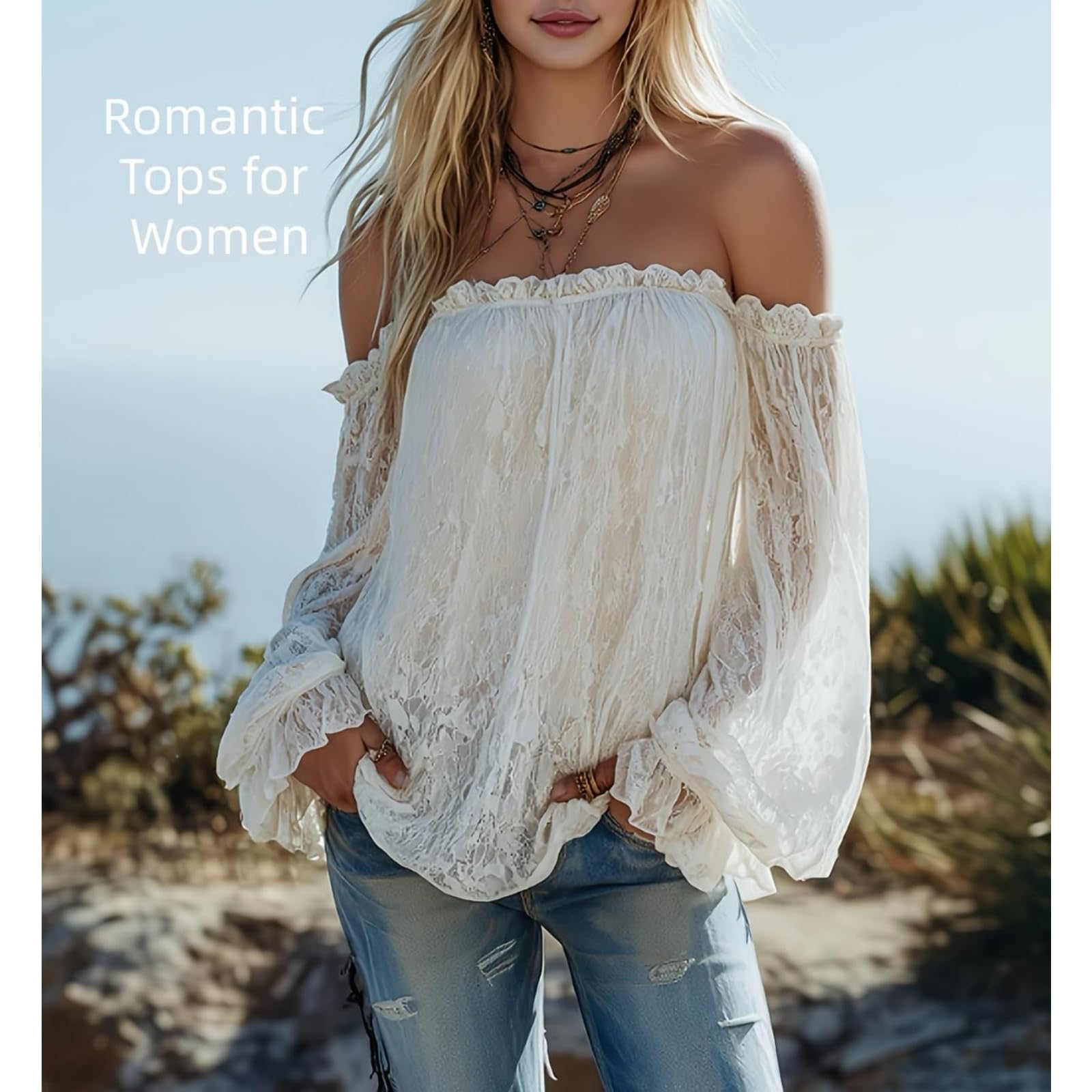 Blusa Bohemia de Encaje con Hombros Descubiertos para Mujer – Transparente, Estilo Western, con Mangas de Volantes de Crochet, Ideal para Vacaciones de Verano y conciertos
