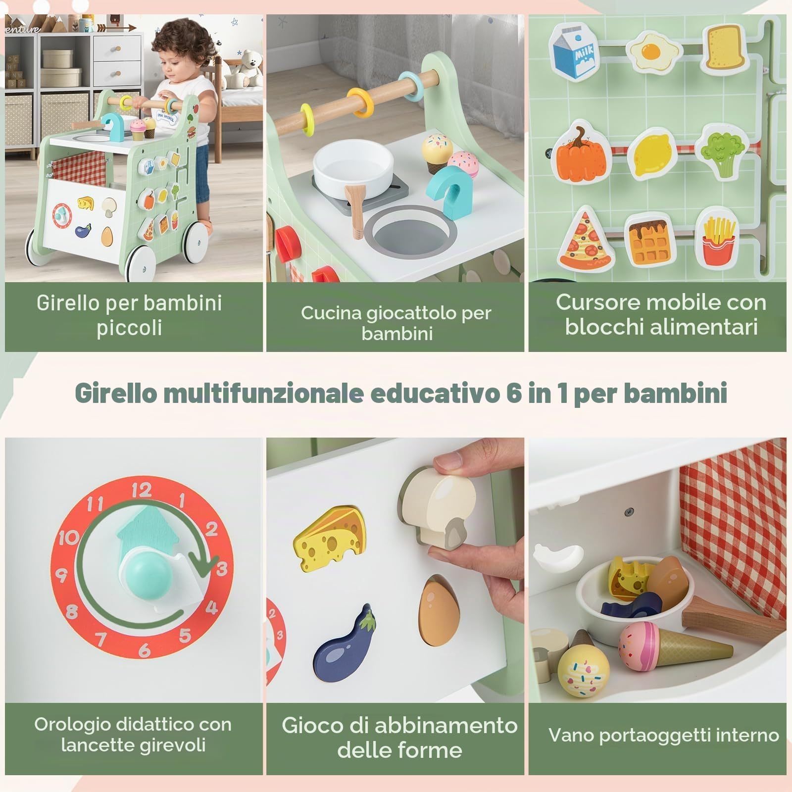 FANTASK Passeggino 6 in 1 in legno, con cucine da gioco, orologio educativo, regolazione della forma e cursore mobile, cucina per bambini Baby Walker con ruote per bambini a partire da 1 anno (verde)