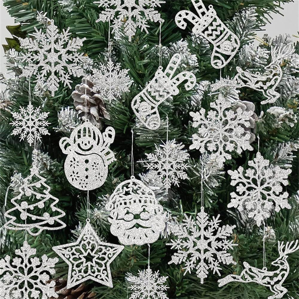 42pcs Silver Glitter Snowflake Ornaments with Silver Rope - Plastic Snow Flakes for Winter Christmas Tree Decor