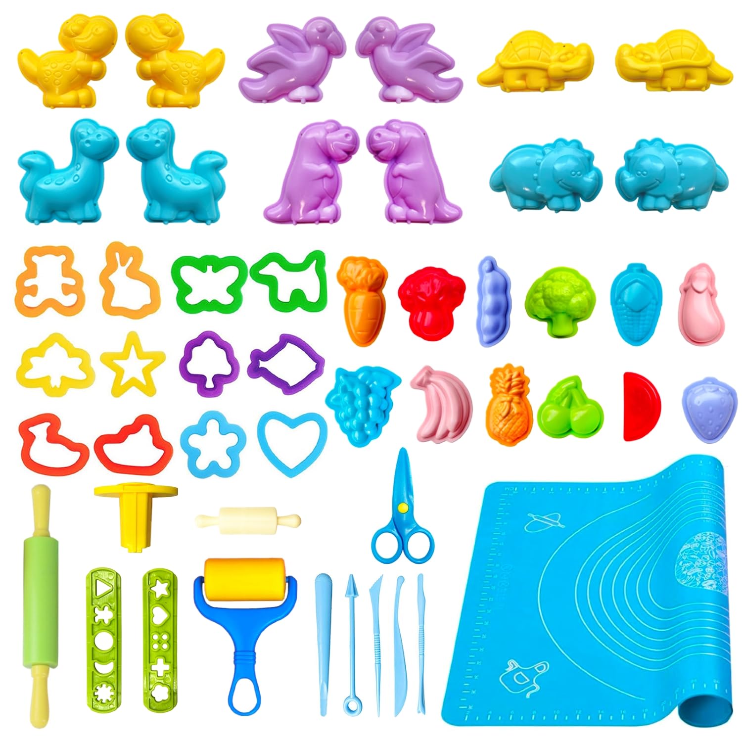 VAIYNWOM Pasta da Modellare per Plastilina, 47 Pezzi Formine Utensili per Plastilina Forme Forbici Mattarello Stampi per Ortaggi Frutta e Dinosauro Animale, Tappetino, A