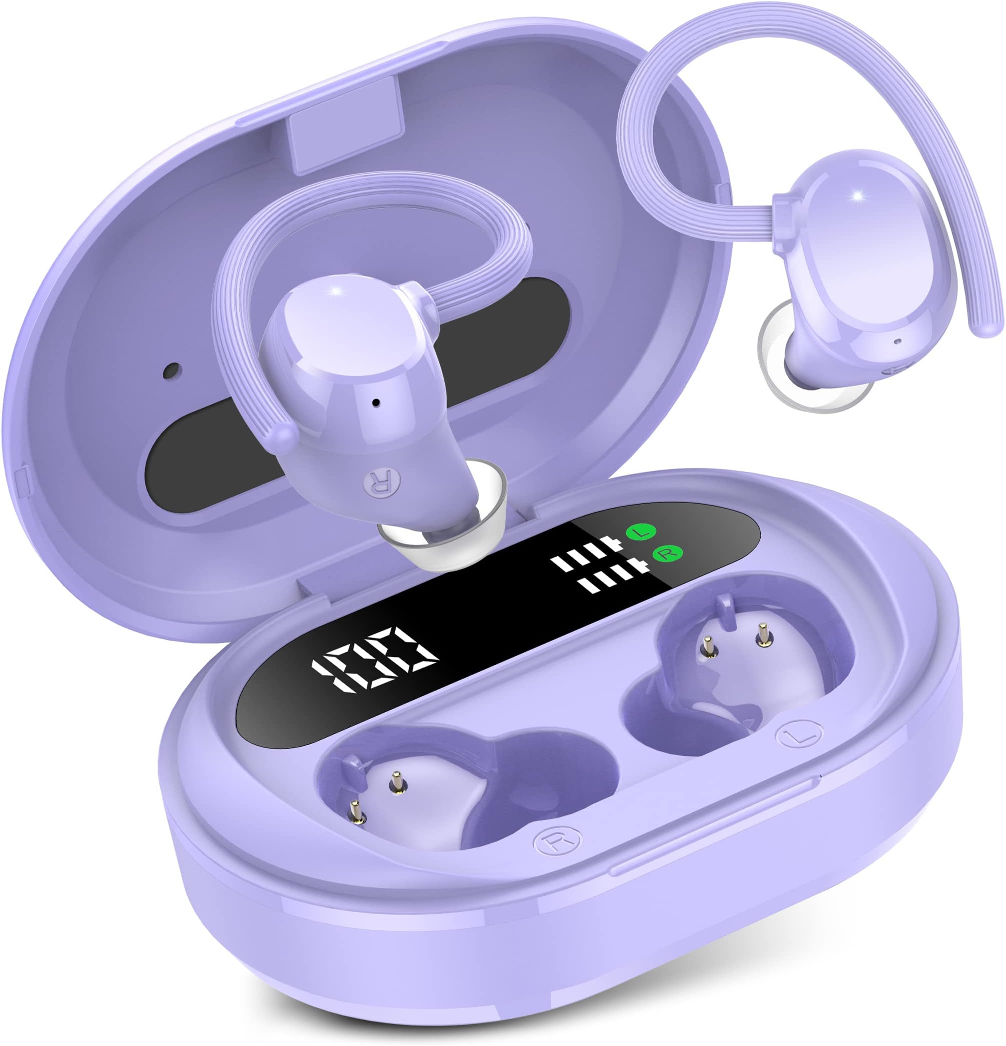 Wireless Earbuds, 2023 New Ultralight Sport Bluetooth 5.3 Headphones In Ear with LED Display, Built-in Mic Earphones, IPX7 Waterproof Wireless Headphones with Earhooks for Gym Workout (Purple)Carbonfree Certified