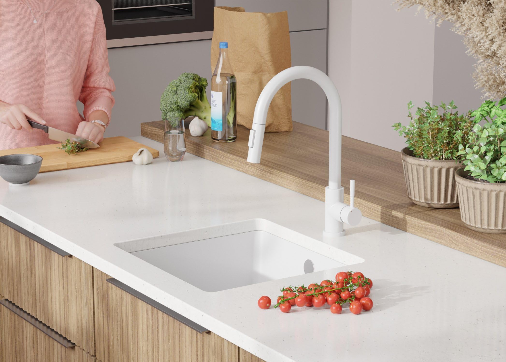 PRIMAGRAN Fregadero bajo Encimera Blanco - Venecia Easy, 46x44cm | Cocina 1 Seno + Sifón, Granito al Mueble 50cm (S028)