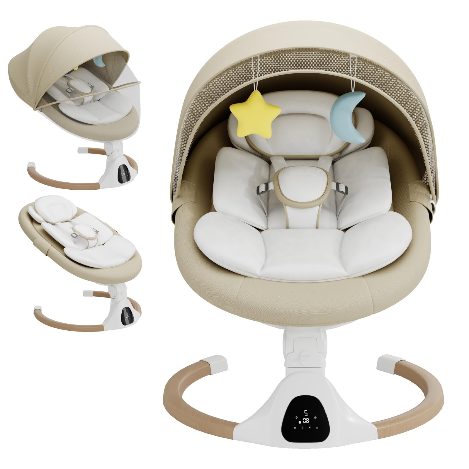Babywippe Elektrisch, 0–6 Monate, max. 9 kg, Tragbares Neugeborenes Babyschaukel Indoor mit Bluetooth, 5 Schwenkgeschwindigkeiten, 3 Winkellage, Fernbedienung & Touch Panel Beige