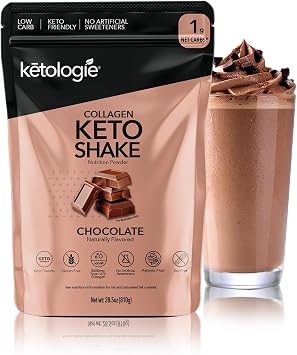 Keto Collagen Shake - with Coconut Oil, Prebiotics, Grass Fed Hydrolyzed Collagen Peptides Type I & III, Low Carb, Gluten Free - Chocolate
