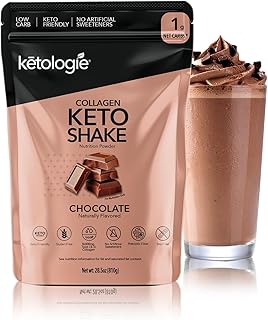 Keto Collagen Shake - with Coconut Oil, Prebiotics, Grass Fed Hydrolyzed Collagen Peptides Type I & III, Low Carb, Gluten Free - Chocolate