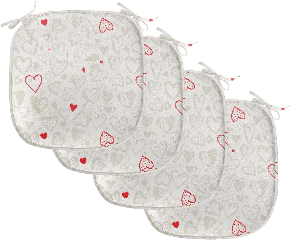 Lunarable Hearts Chair Seating Cushion Set of 4, Sketch Style Valentines Day Contrasting Colors Various Motifs Love Theme, Anti-Slip Seat Padding for Kitchen & Patio, 16"x16", Red Pale Grey White