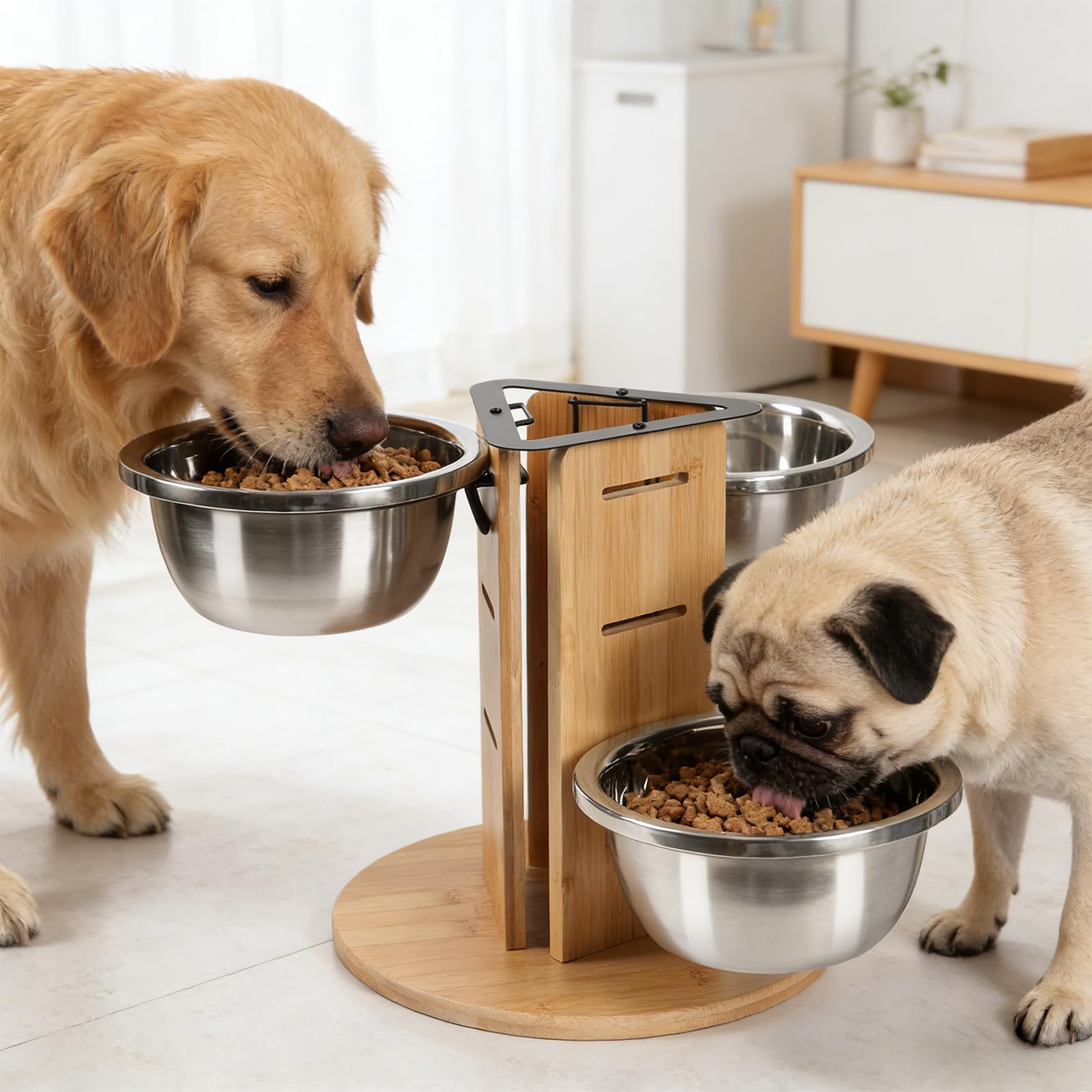 Comedero para perros elevado para perros, 3 cuencos de altura ajustable con 3 cuencos de acero inoxidable de 1400 ml y madera de tres lados elevados para perros, comedero para perros