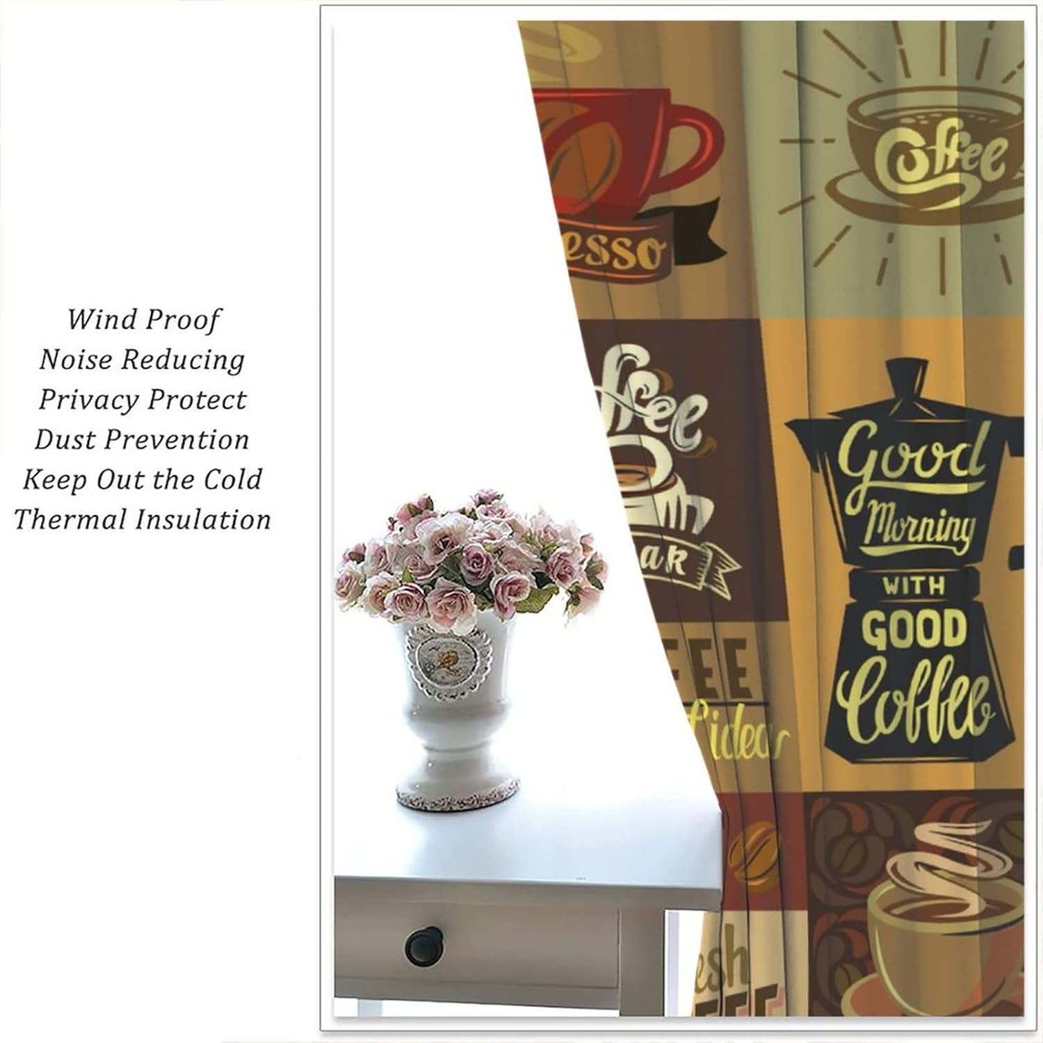 Coffee Kitchen Window Curtains, Shop and Set Vintage Theme Design Room Darkening Rod Pocket Curtain for Kitchen Cafe Decor Set 2 Panels 42 x 45 Inch
