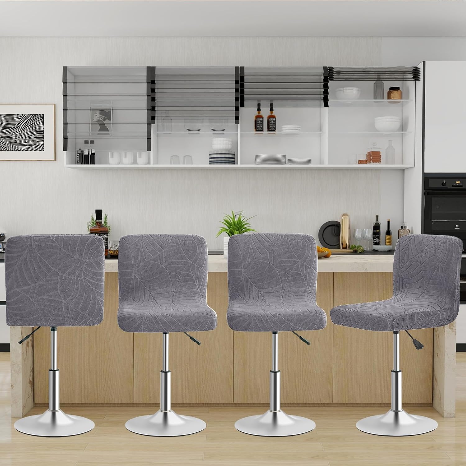 Gollense Stretch Bar Stool Covers with Backs, 4 Pack Water Resistant Jacquard Pub Counter Dining Chair Covers, Square Swivel Barstool Seat Slipcover with Elastic Bottom (Dark Grey)