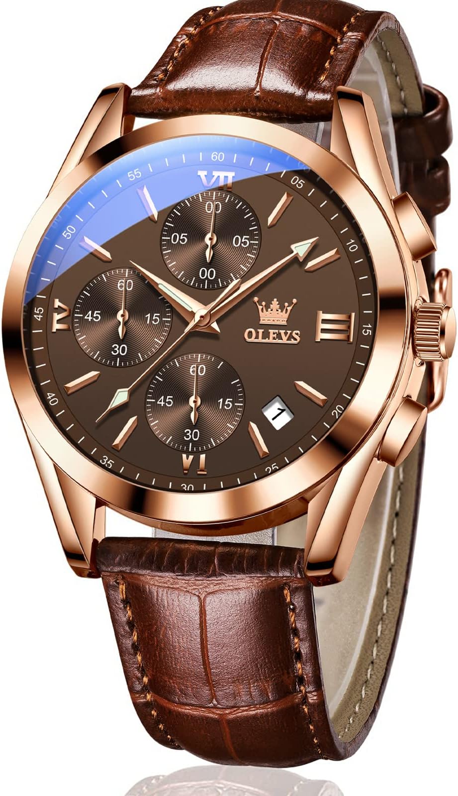 OLEVS Men's Chronograph Quartz Watches, Leather Strap Gold Case with Day Date, Waterproof Stainless Steel Wrist Watch, Luminous Hand Analog Watches for Men, Brown/Black/Blue/White Dial