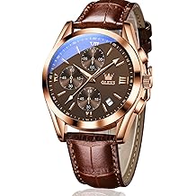 Men's Chronograph Quartz Watches, Leather Strap Gold Case with Day Date, Waterproof Stainless Steel Wrist Watch, Luminous Hand Analog Watches for Men, Brown/Black/Blue/White Dial