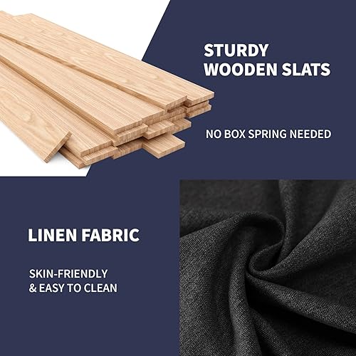 Miniatura 5 de Base de cama tapizada de lino de algodón con cabecero, cabecera con respaldo de ala, base de metal sólido, no necesita somier, soporte de listones