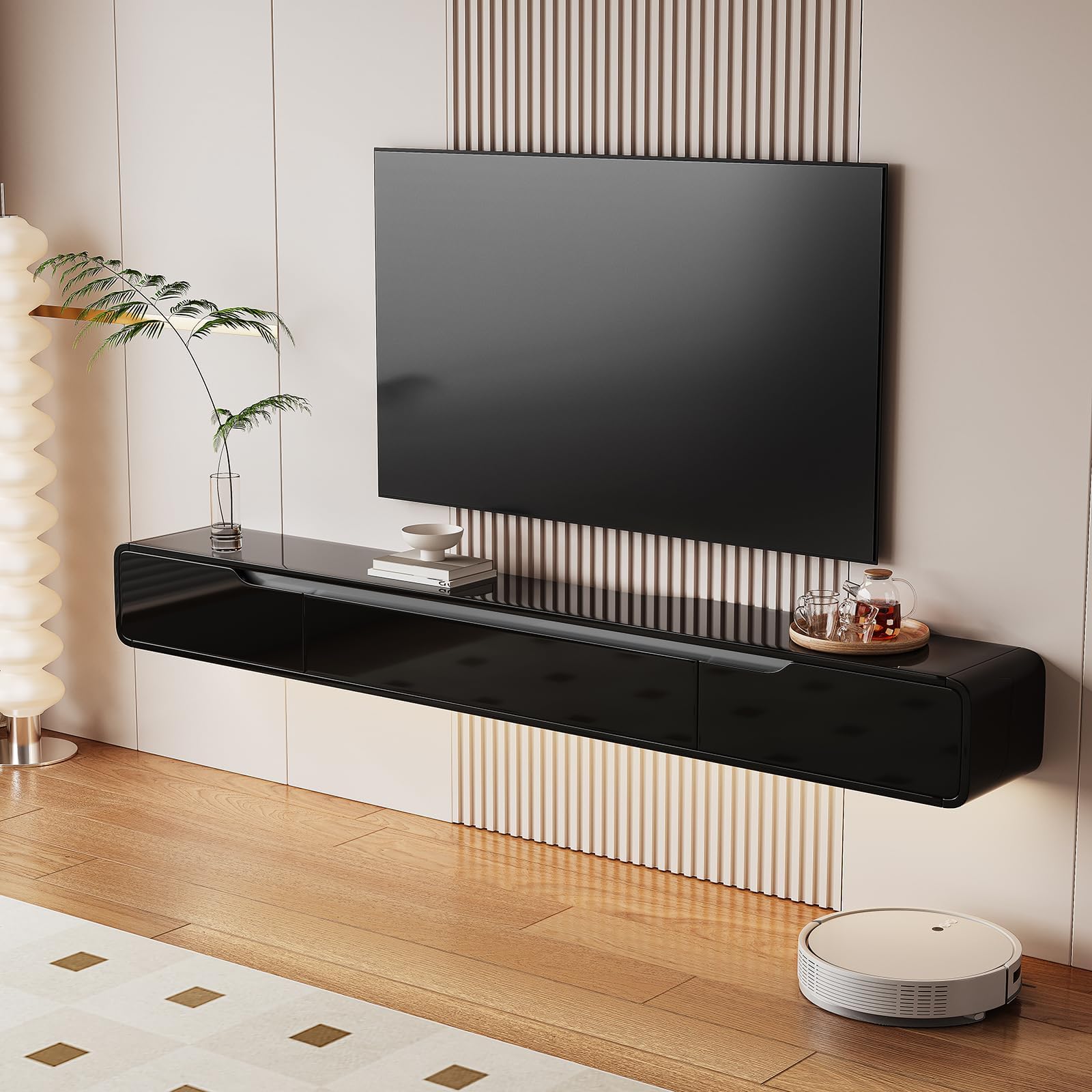 FurniNova High Gloss Floating TV Stand with 3 Doors,55'' Wall Mounted TV Cabinet,Under TV Console,Floating Media Shelft for Bedroom Living Room(Black)