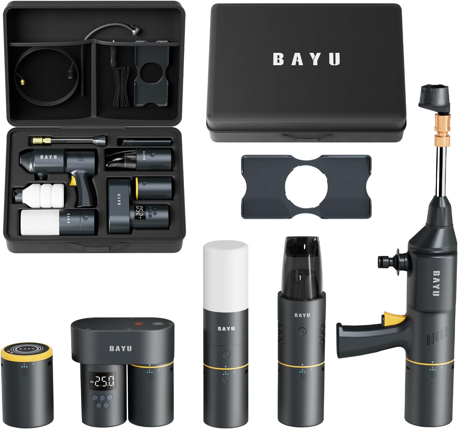 BAYU 6-in-1 Cordless Power Washer Gun Kit with Foam Bottle, Include Vacuum Cleaner 19000KPA, Car Tire Inflator, Power Bank 19200mAh, Flashlight with Lightshade, Cellphone stend (6Pcs)
