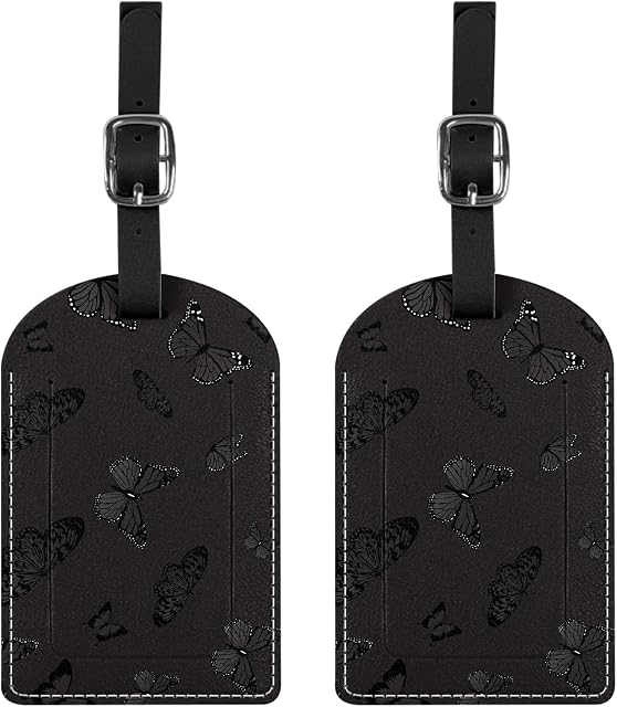 2 Pack Luggage Tag Luggage Tags PU Leather Suitcase Tags Aesthetic Cute Travel Bag Labels for Women Girls-Black Butterfly