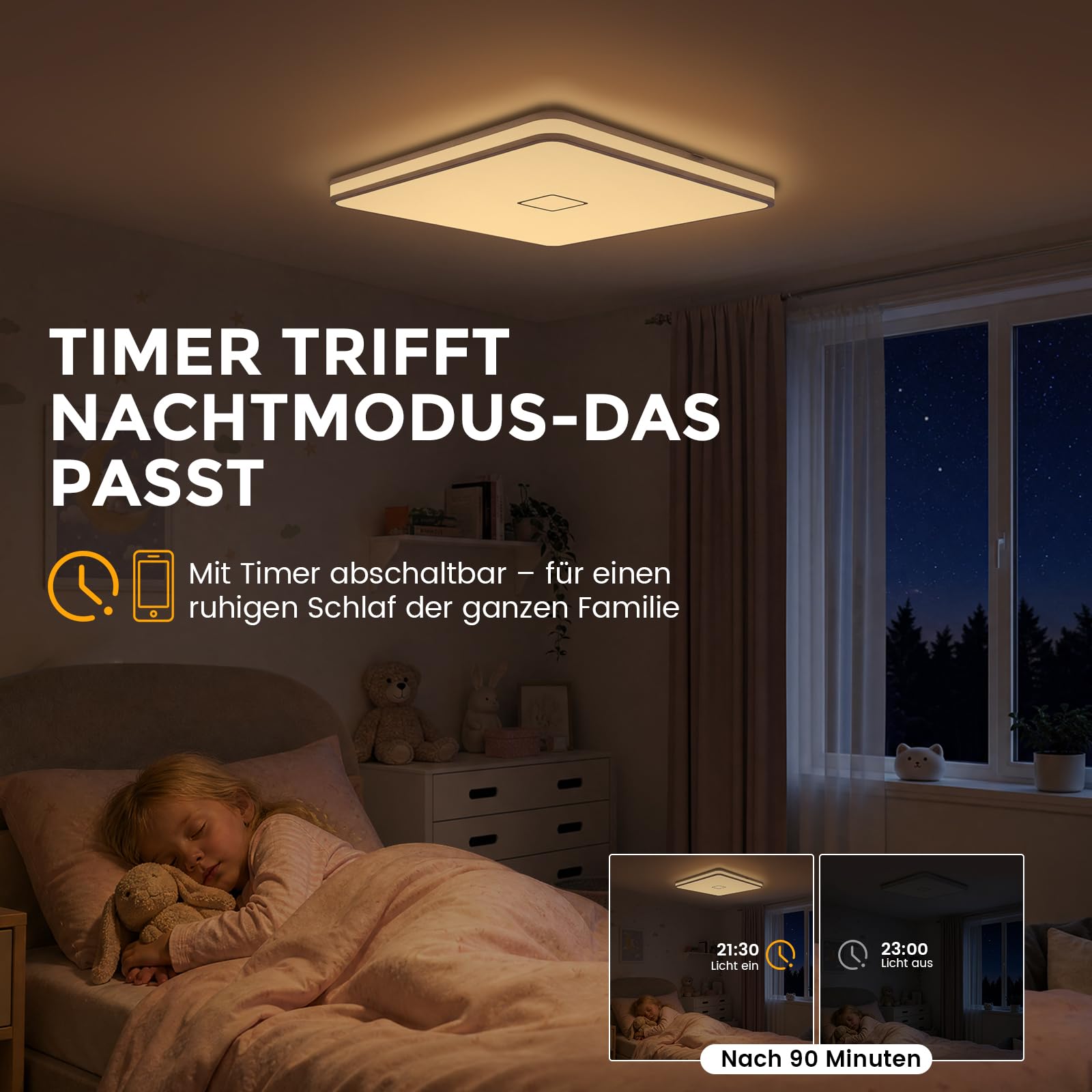 Deckenlampe eckig 24W, led deckenleuchte dimmbar mit App, Badezimmer Lampe decke Warmweiß/Naturweiß/Kaltweiß(3000-5000K) mit Nachtlicht, Badlampe modern für Bad Küche Schlafzimmer Wohnzimmer Flur 32CM