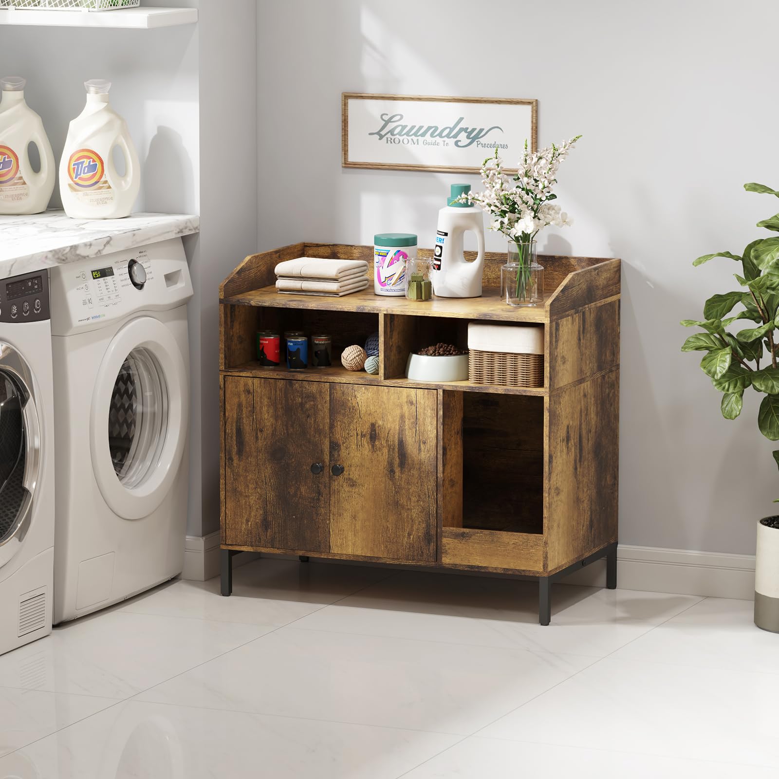 Lifewit Litter Box Enclosure, Hidden Litter Box Furniture, Wooden Cat Washroom with Scratching Pad, Double Door, Large Open Storage Shelf for Living Room, Bedroom, Easy Assembly, Rustic Brown