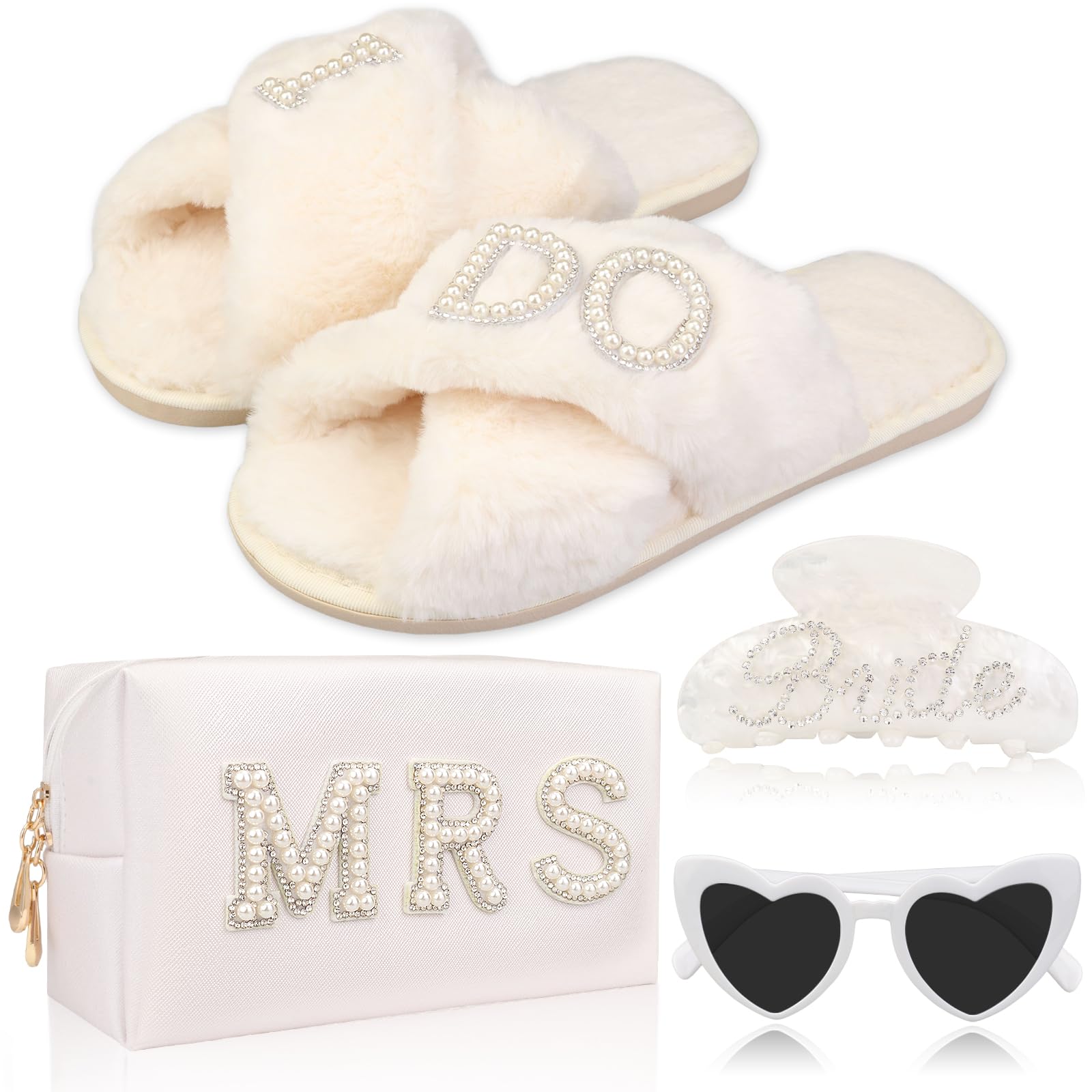 Juego de regalo para novia, regalo de despedida de soltera, gafas de sol, bolsa de maquillaje para novia, pantuflas de novia, clip para el pelo, regalos de compromiso de novia, regalo de boda