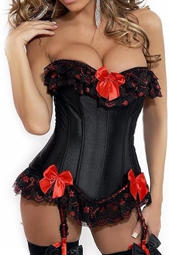 KUOSE Women's Gothic Lace up Boned Satin Lingerie Corset Top with Suspenders Plus Size 6-24