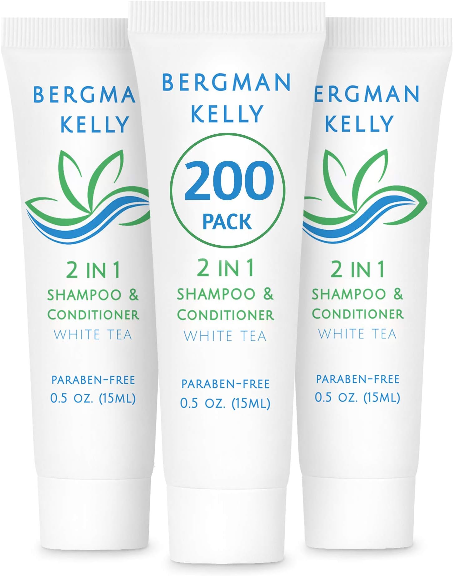 BERGMAN KELLY Hotel Shampoo and Conditioner 2in1 (0.5 Fl Oz, 200 PK, White Tea), Delight Your Guests with Revitalizing and Refreshing Travel Size Shampoo, Quality Mini Hotel Toiletries in Bulk