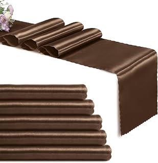 Set of 5 Chocolate Brown Satin Table Runners, 12" x 108" Long Bright & Smooth Table Runner with Scalloped Edges, Satin Table Cloth Table Runner Decor for Wedding, Party, Banquet