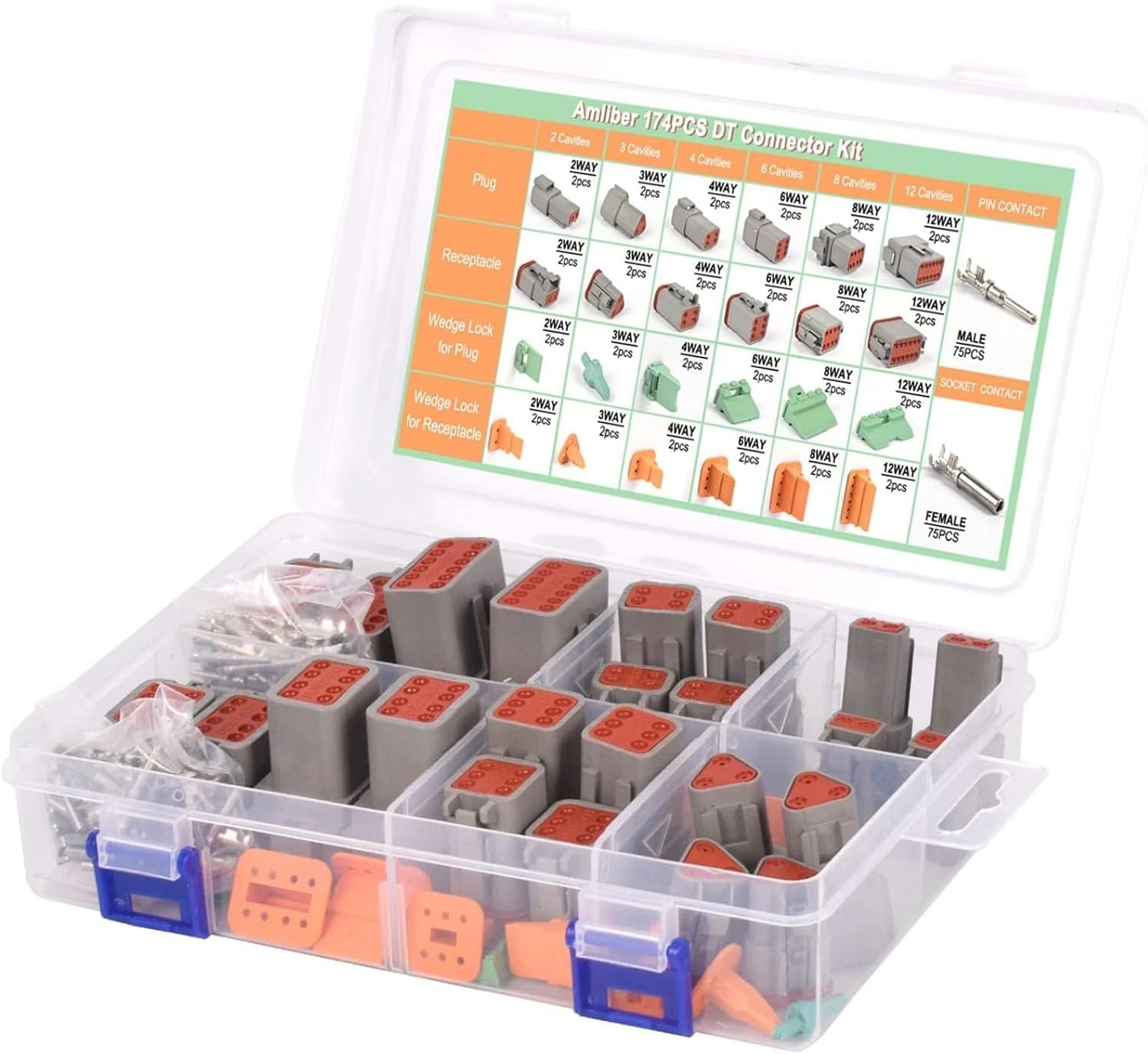 174Pcs 12 Kits DT Series DT Connector Kit 2 3 4 6 8 12 Pin Connectors with Size 16 Stamped Contacts for Deutsch Connector, IP68 Waterproof Automotive Electrical Connectors Plug
