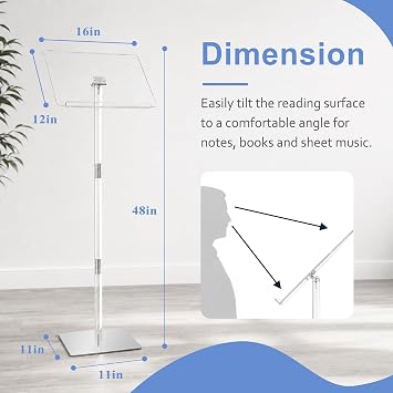 Podium Stand, Lecterns & Podiums, Acrylic Podium, Portable Podium Stand, Adjustable Angles with Metal Base, Podium for Classroom, Church, Weddings, Speech, 16 L x 12 W x 48 H, Clear