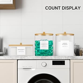 Acrylic Dryer Sheet Holder with Lid, Clear Laundry Sheets Container with 27 Labels, Laundry Pods Storage for Laundry Room Organization