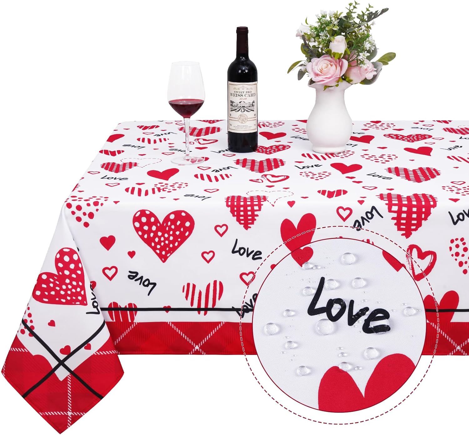 Valentine's Day Tablecloth Rectangle 60x84 Inch, Red Love
