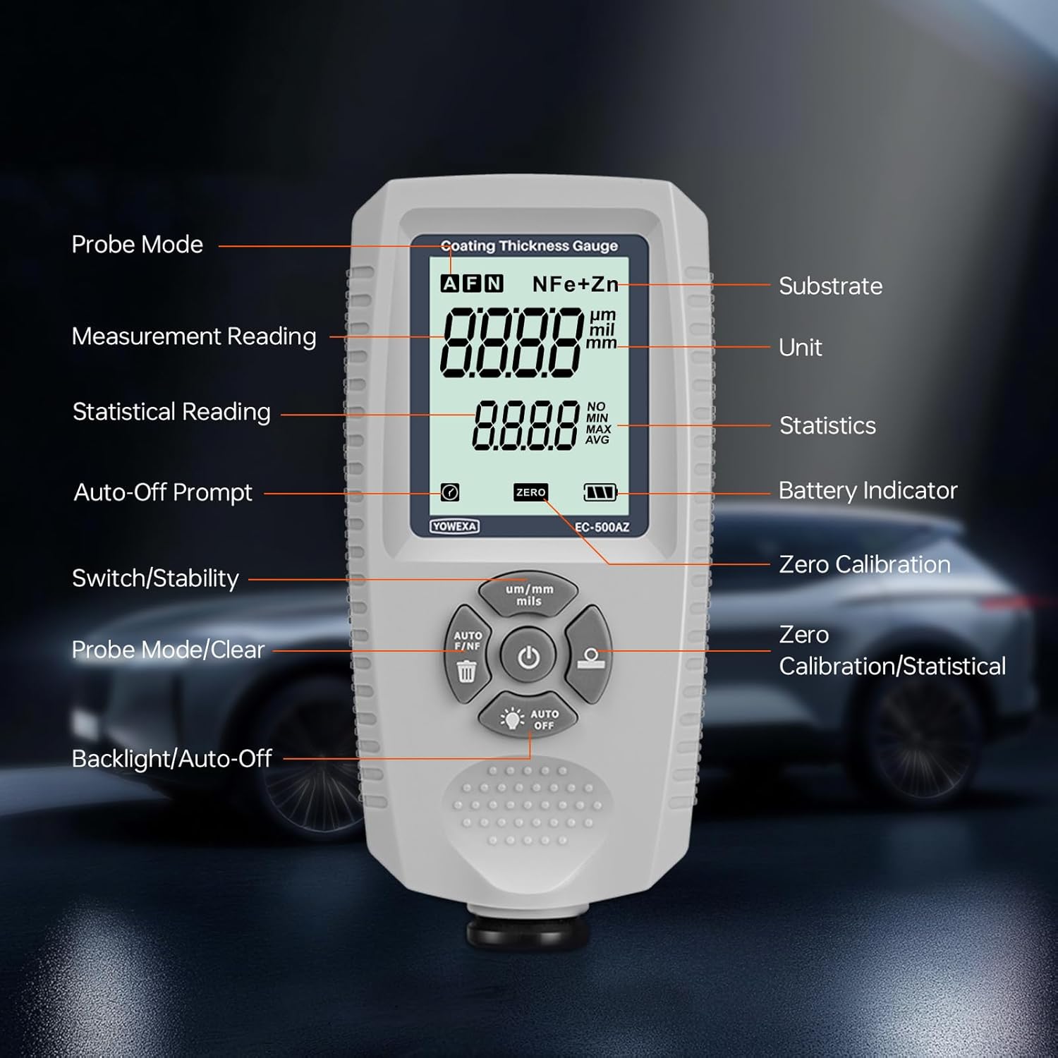 Paint Thickness Gauge for Cars, 0–2000μm Digital Coating Meter for Used Car Inspection, Auto Fe/NFe/Fe+Zn Detection, ±(3%+1μm) Accuracy with AVG/MAX/MIN Statistics