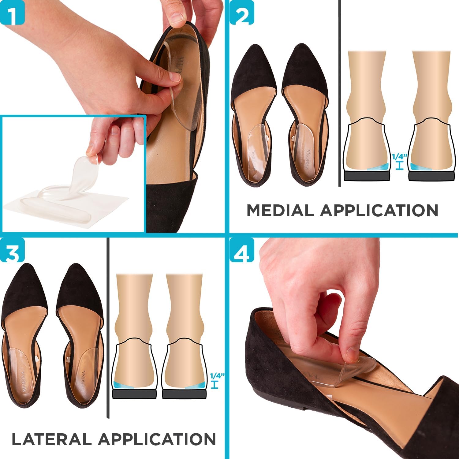 BraceAbility Medial & Lateral Heel Wedge Silicone Insoles (Pair) - Supination & Pronation Corrective Adhesive Shoe Inserts for Foot Alignment, Knock Knee Pain, Bow Legs, Osteoarthritis - Image 7