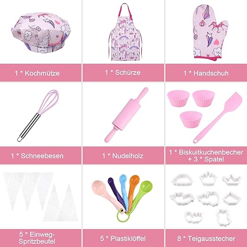 Miniatura 2 de Anpro Juego completo de cocina y horneado para niños, 27 piezas, incluye delantales para niñas, sombrero de chef, guante y utensilio para