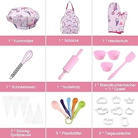 Anpro Complete Kids Cooking and Baking Set - 27 Pcs Includes Aprons for Girls, Chef Hat, Mitt & Utensil to Dress Up Chef Costume Career Role Play for 3-7 Years Girls