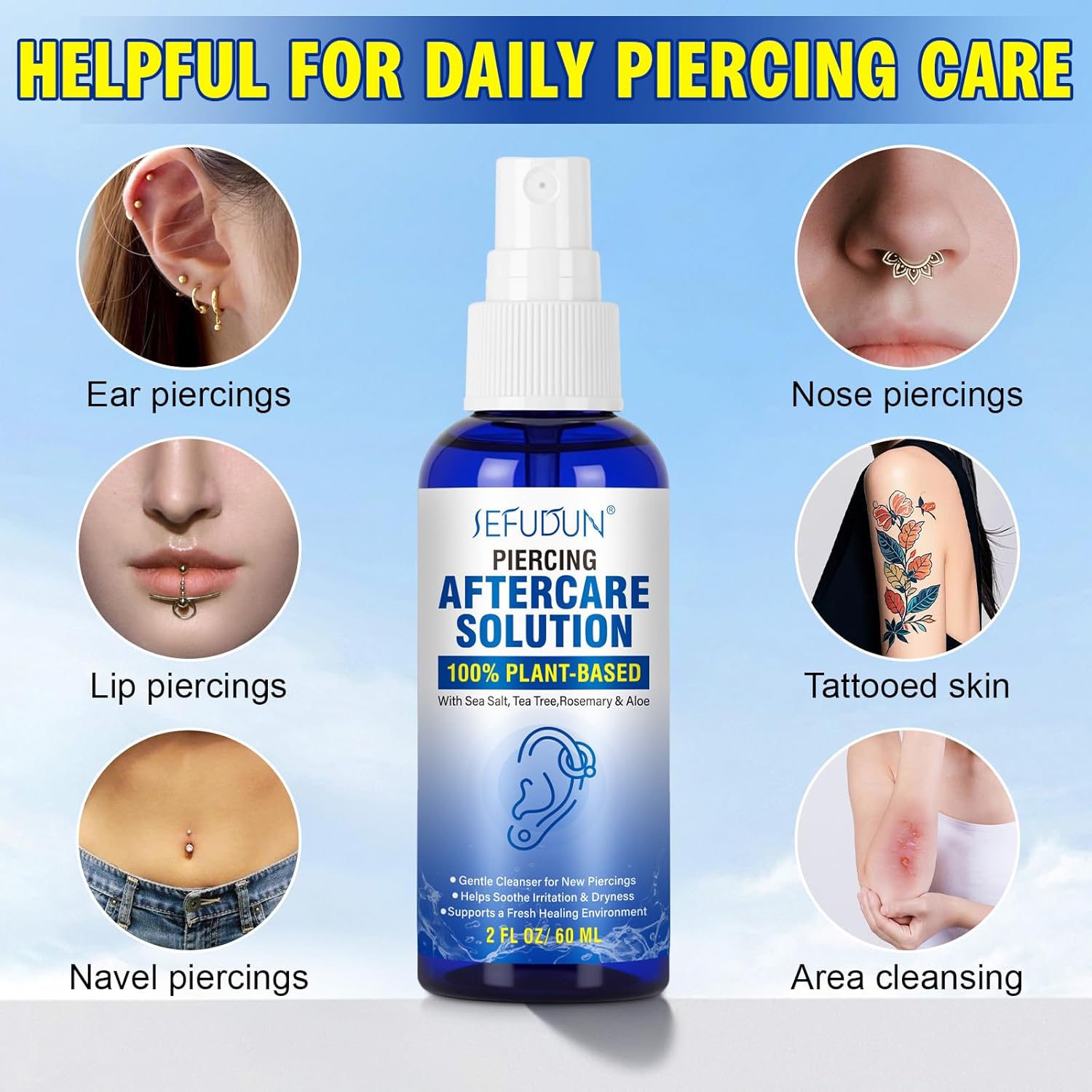 Piercing Aftercare Spray, Piercing Cleaner Spray for Body and Facial Piercings – Ear, Nose, Navel, Oral & Skin Piercings Cleaner, Cleansing & Moisturizing – Sea Salt Aloe Vera Rosemary (60ml) - Image 9