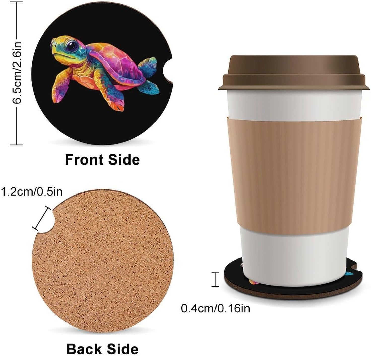 Cute Turtle Cute Car Coasters 2.56 Inch Absorbent Cup Holder for Drinks Auto Interior Accessories