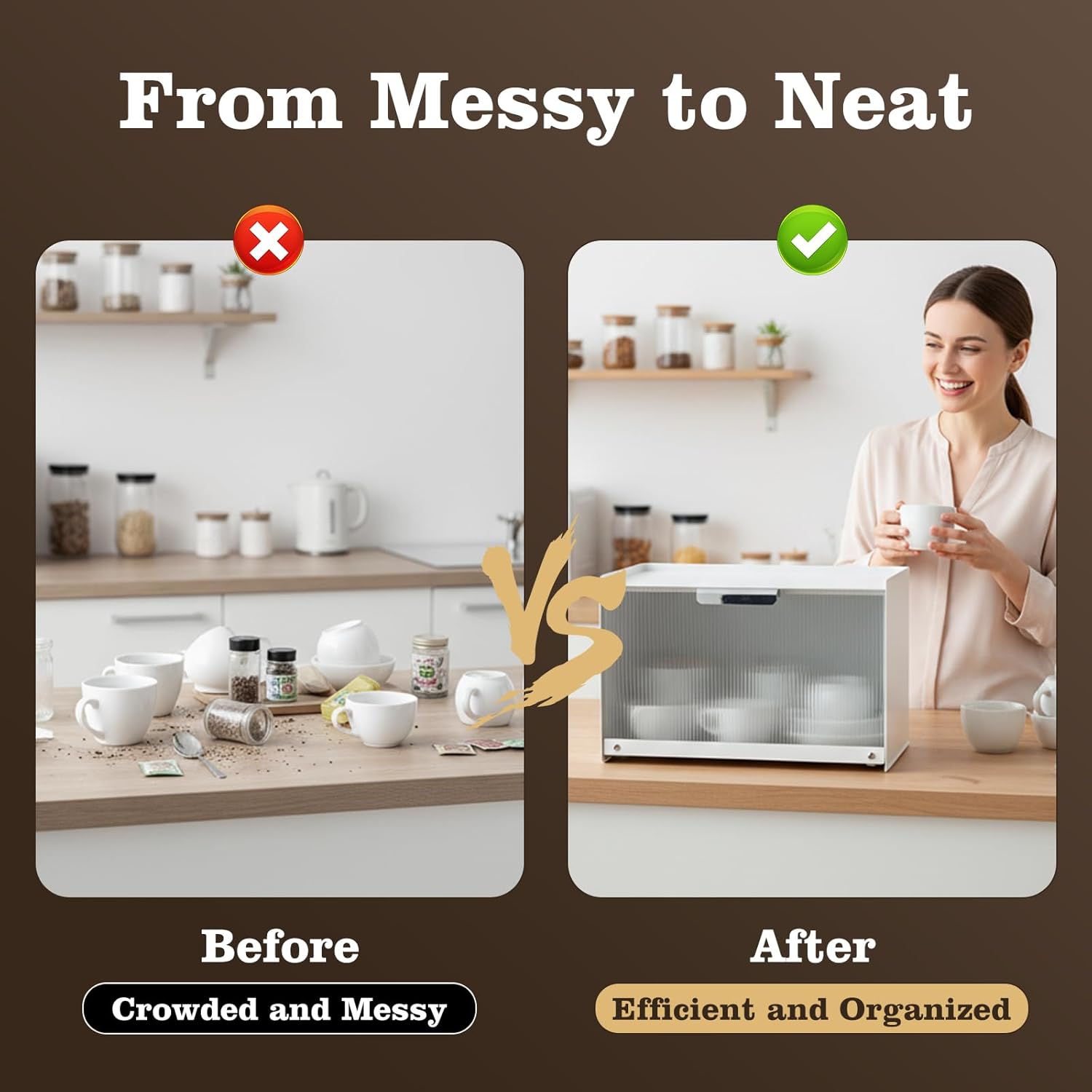 MOZIMABOX Cup Storage Cabinet, 2 Tier Coffee Station Organizer Countertop Organizer with Metal Frame and Acrylic Flip-Up Door, Mug Holder Countertop for Kitchen Countertops, Coffee Bars Storage