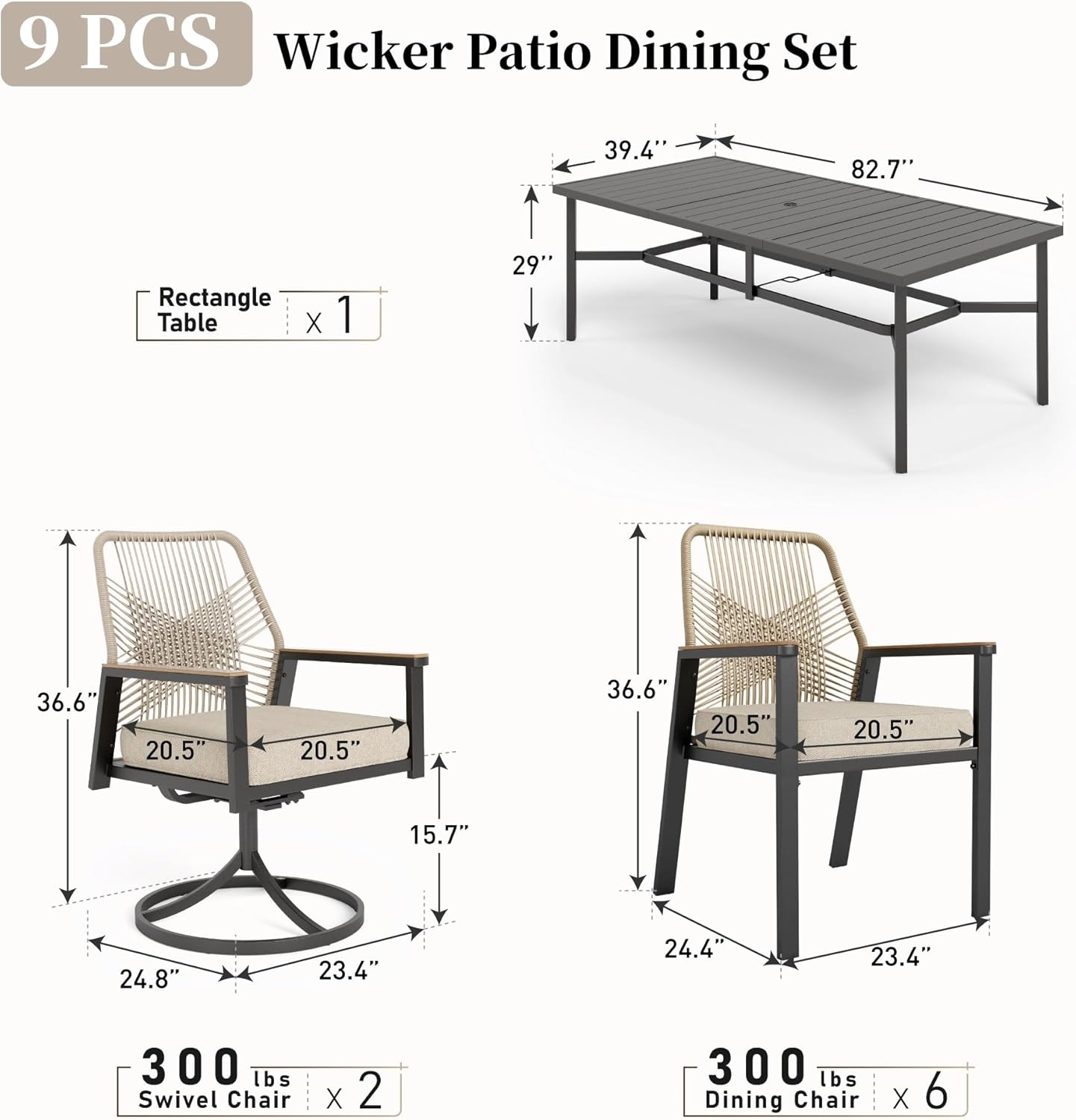 Patio Dining Set 9 Piece, 6 Woven Rattan Fixed Chairs and 2 Swivel Chairs with Waterproof Cushion, 83" Metal Rectangular Table with Umbrella Hole, Outdoor Table Set for Backyard Lawn Deck, Beige