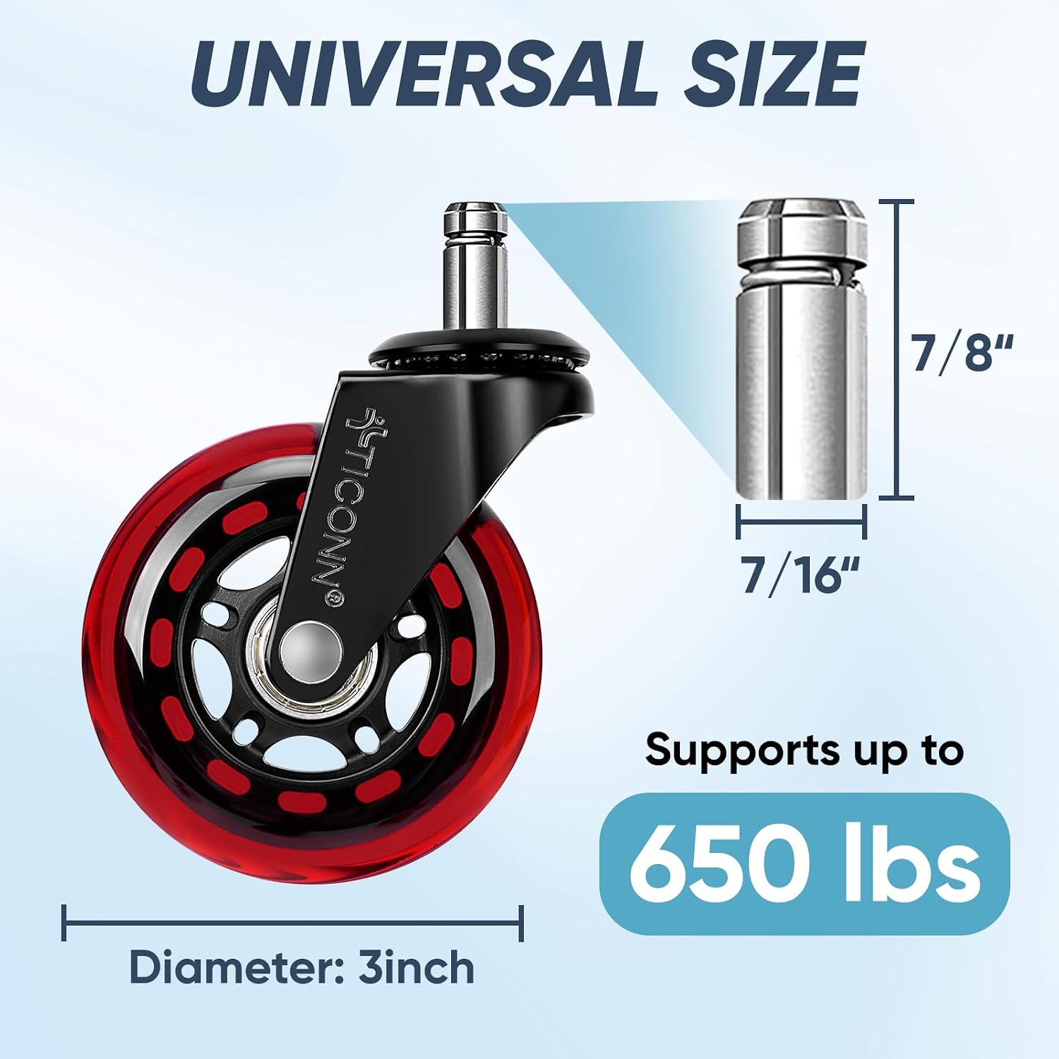 TICONN Office Chair Caster Wheels Set of 5 for Tile, Hardwood Floors and Carpets, Universal Fit for Most Chairs (Red)