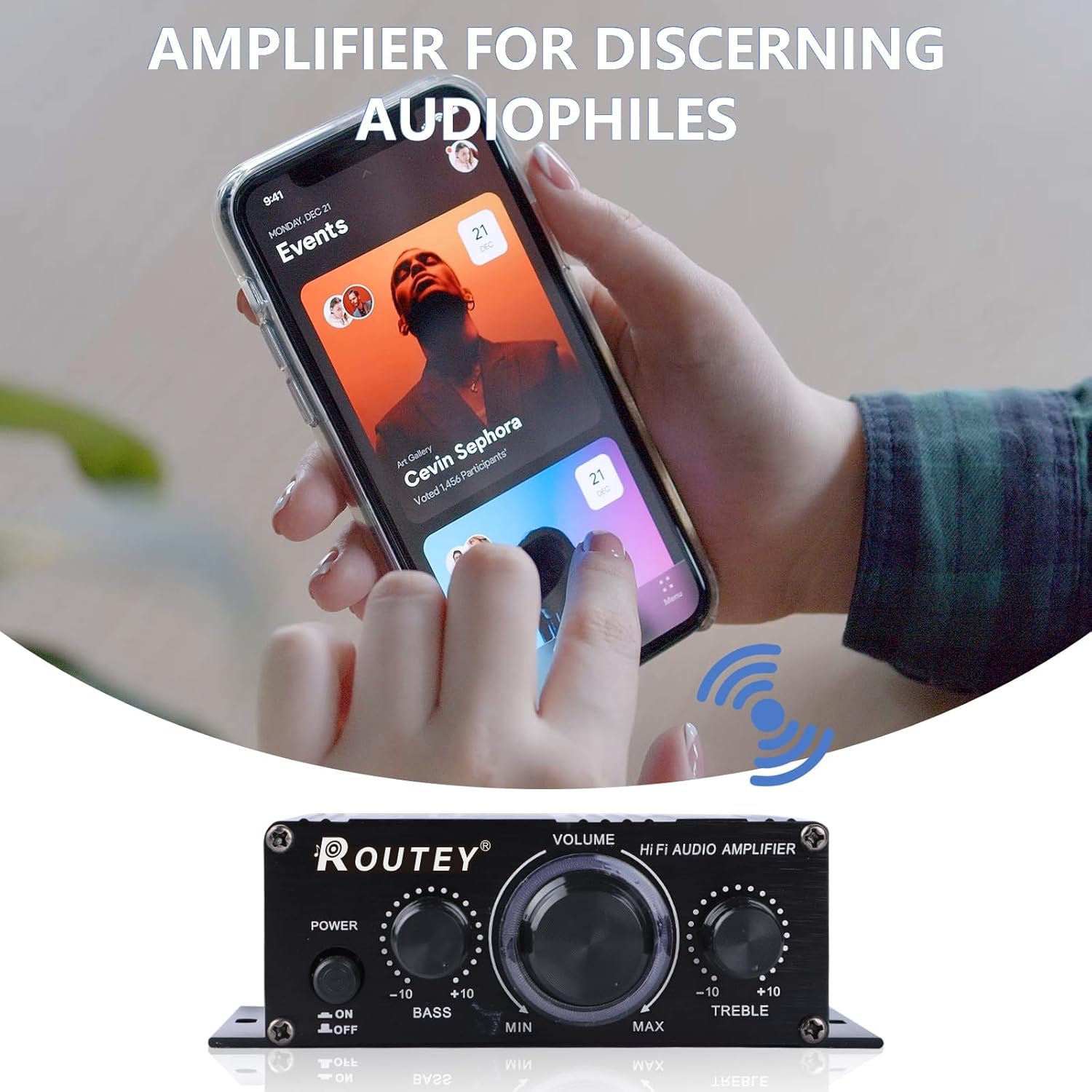 A hand holding a smartphone displaying a music app, with a Bluetooth signal icon pointing towards the amplifier.