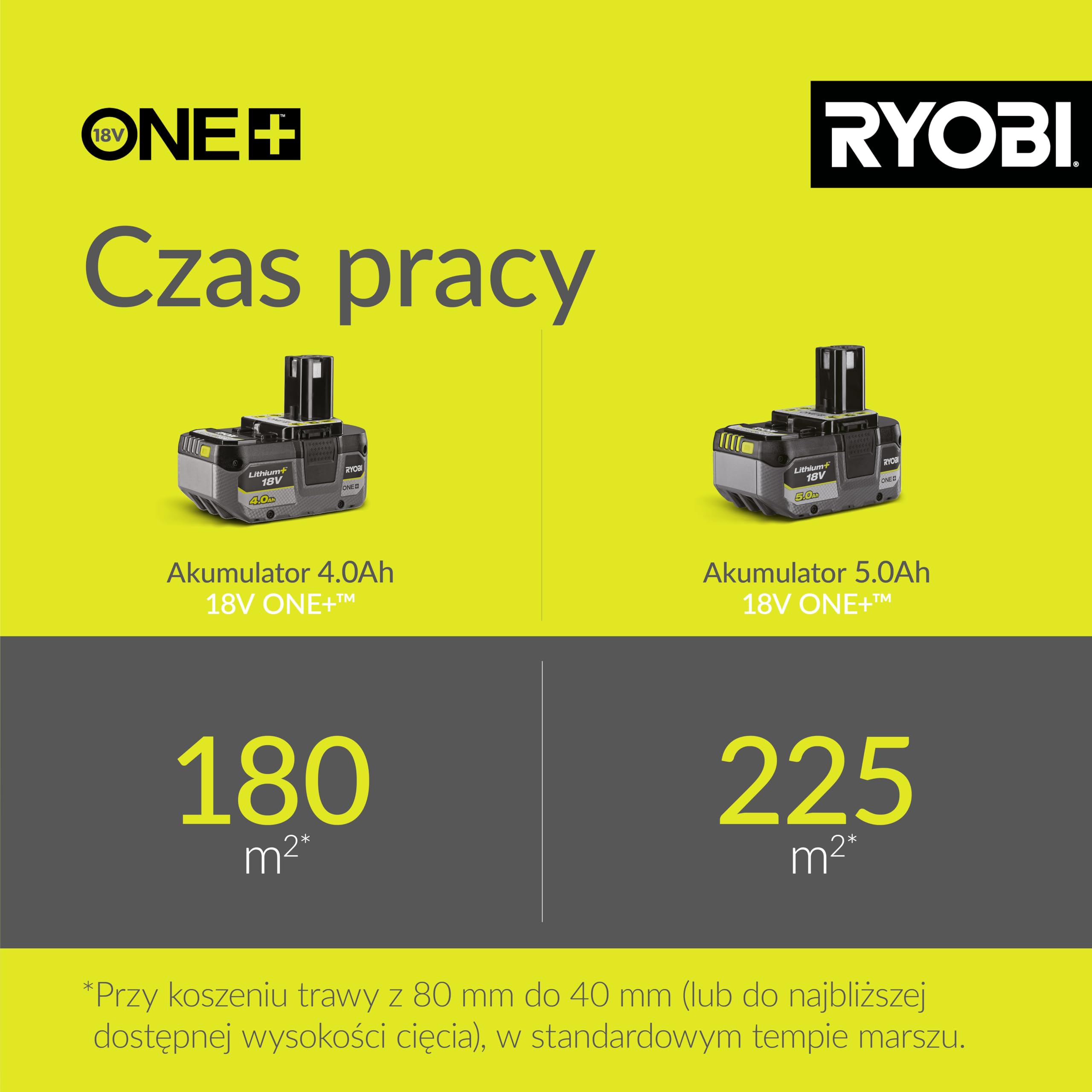 Ryobi Bezprzewodowa Kosiarka 18 V, OLM1833B, Szerokość Koszenia 33 cm, 5-Stopniowa Regulacja Wysokości Koszenia, od 25 mm do 65 mm, Kosz na Trawę 35 L, Wersja bez Akumulatora i Ładowarki