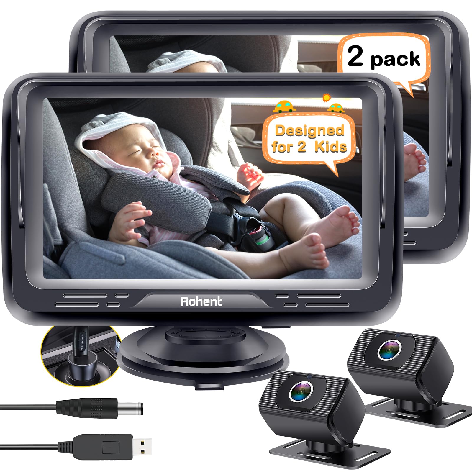 Rohent Baby Car Camera 2-Pack - Dual HD 1080P Monitors with Night...