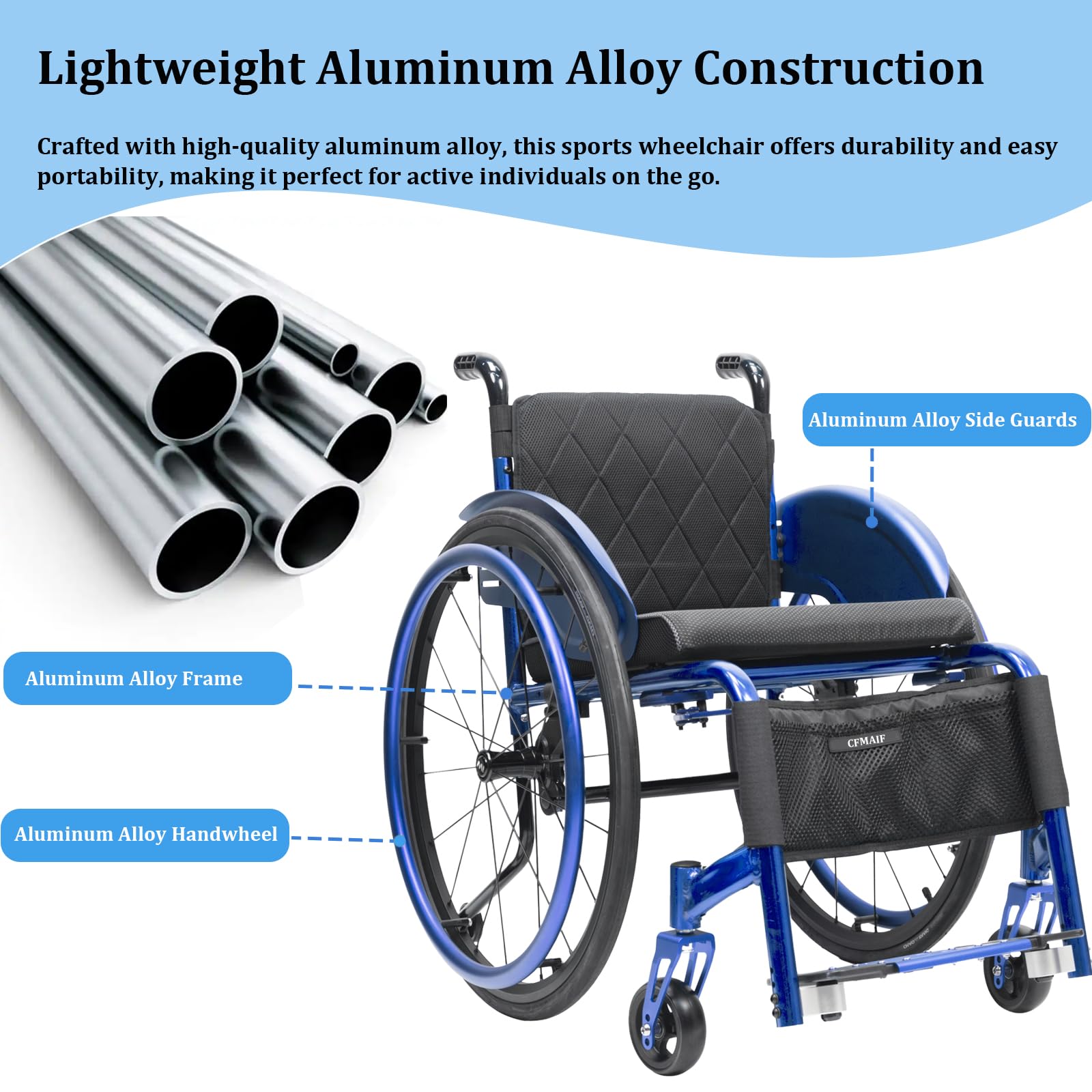 Aluminiowy wózek inwalidzki dla osób niepełnosprawnych, samochód, lekki, tranzytowy, ręczny, zdejmowane podnóżki, hamulce ręczne, kółka antyprzewracające (41 cm / 16,1 cala siedzisko, niebieski