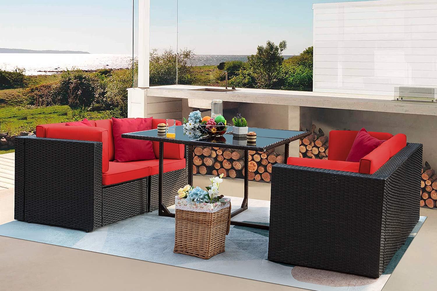 JUMMICO 5 Piece Patio Dining Sets Wicker Rattan Patio Furniture Set Outdoor Sectional Sofa with Tempered Glass Table Patio Conversation Sets for Garden, Courtyard, Poolside (Red)
