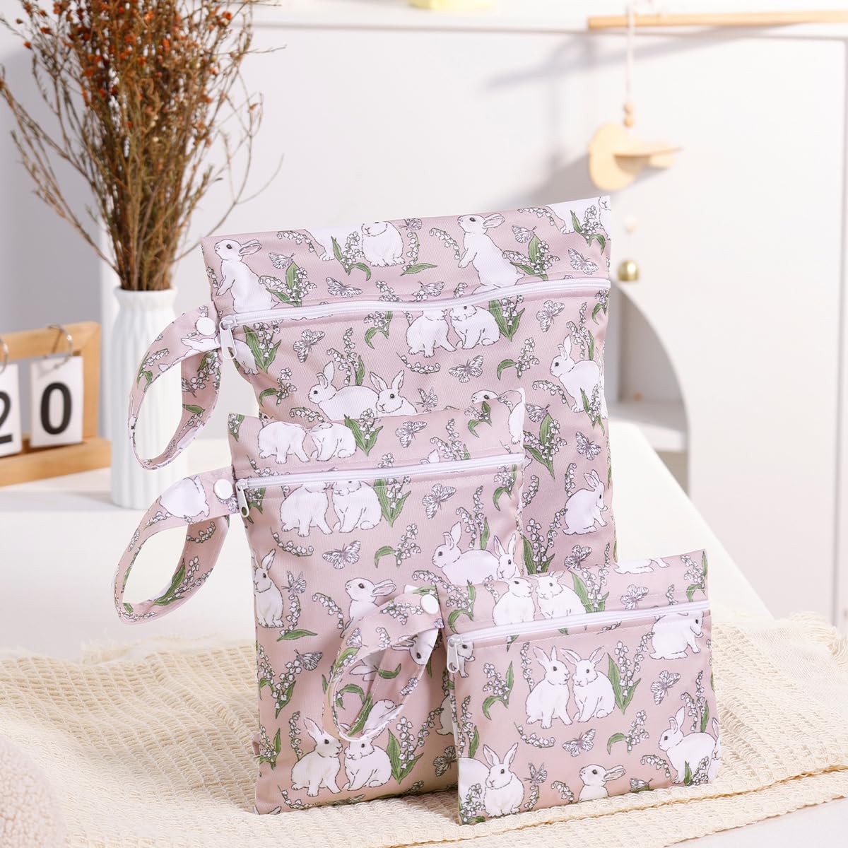 Treer 3 PCS Wet Bags Baby Cloth Nappy Wet Bag Waterproof Reusable Pastoral Style Print Diaper Bags with Zipper,Wet Dry Organizer Bag for Swimming, Baby Diaper, Travel Beach (Pink Bunny)