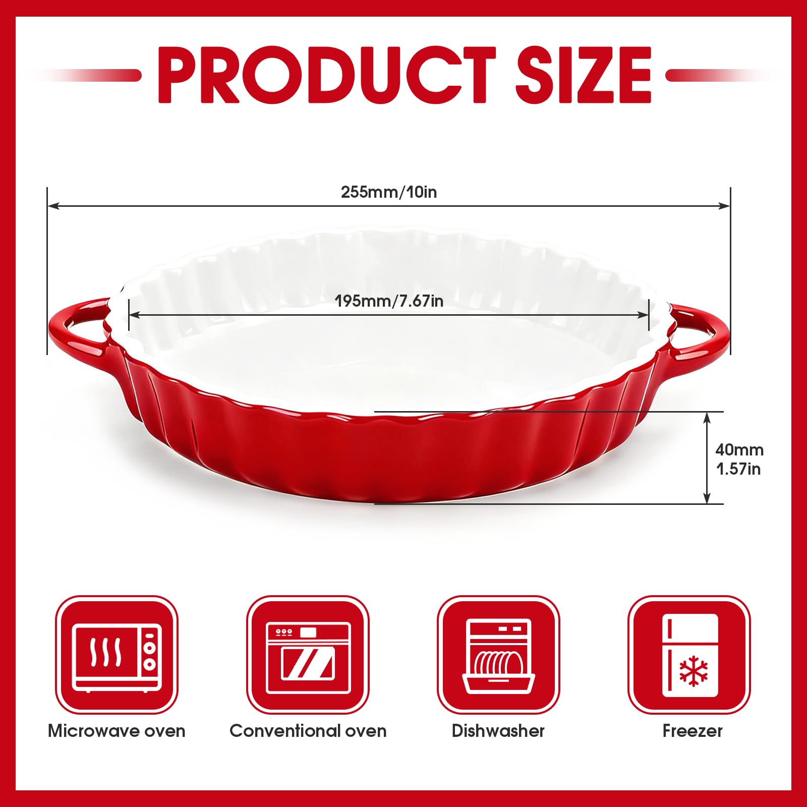 IIRC Teglia per torta in ceramica con manici, 26 x 21 x 5 cm, rotonda, in ceramica, per quiche, tartes (rosso)