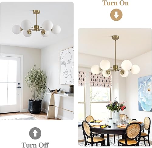 Miniatura 4 de KCO Candelabro Sputnik de 6 luces con forma de globo de cristal de leche, moderna lámpara dorada de mediados de siglo, lámpara de araña Sputnik de