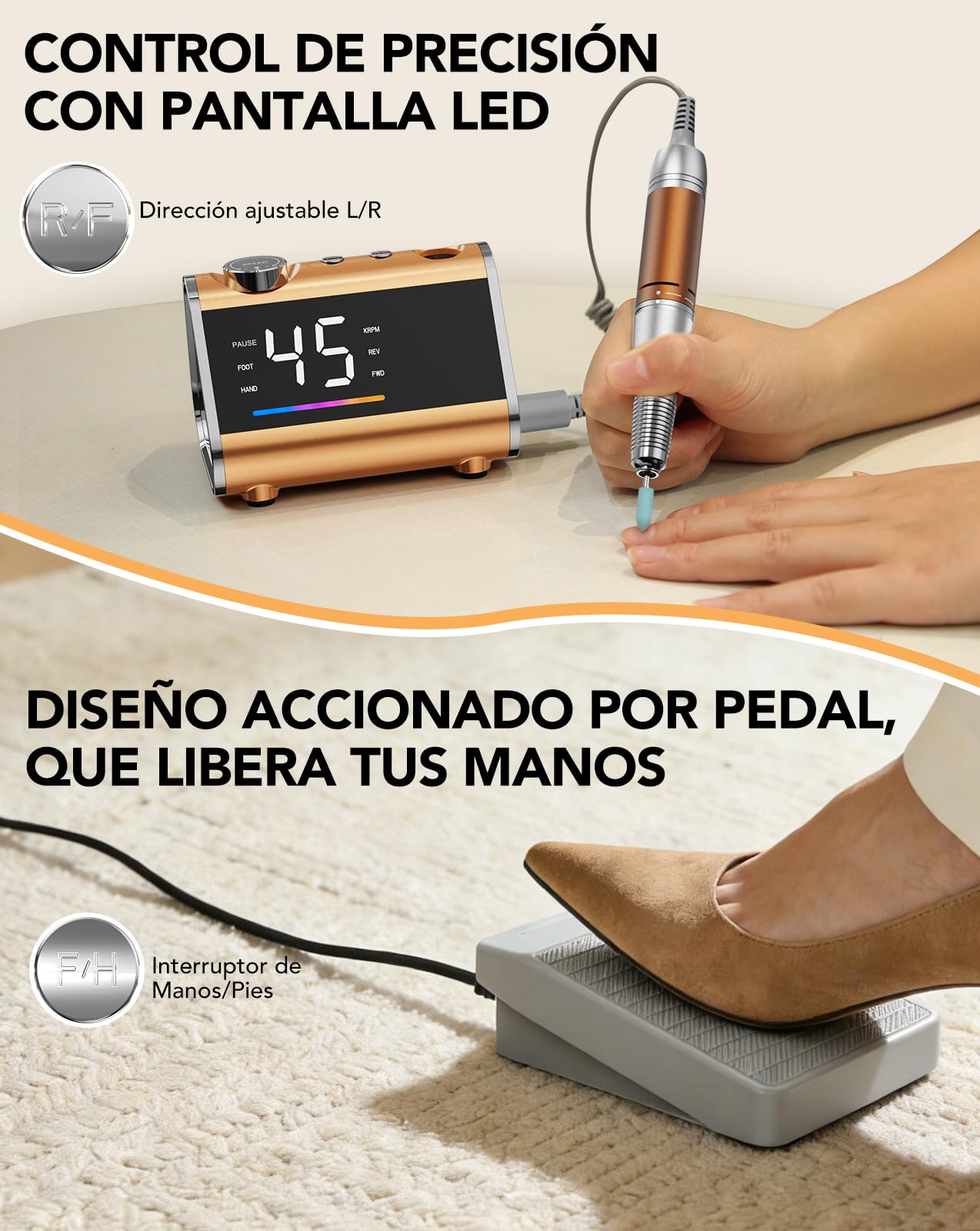 HOMEASY Torno para Uñas Profesional 45000 RPM, Máquina Pulidora de Uñas Eléctrica con Pantalla LCD HD y Pedal, Bajo Ruido y Vibración, Kit con 10 Brocas y 75 Bandas de Lijado para Uso en Casa y Salón | Pantalla LCD con funcionamiento de red y pedal para u
